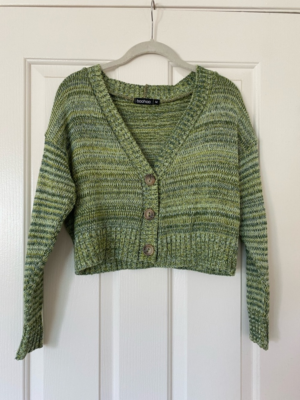 Boohoo Green Marled Cropped V-Neck Button Cardigan